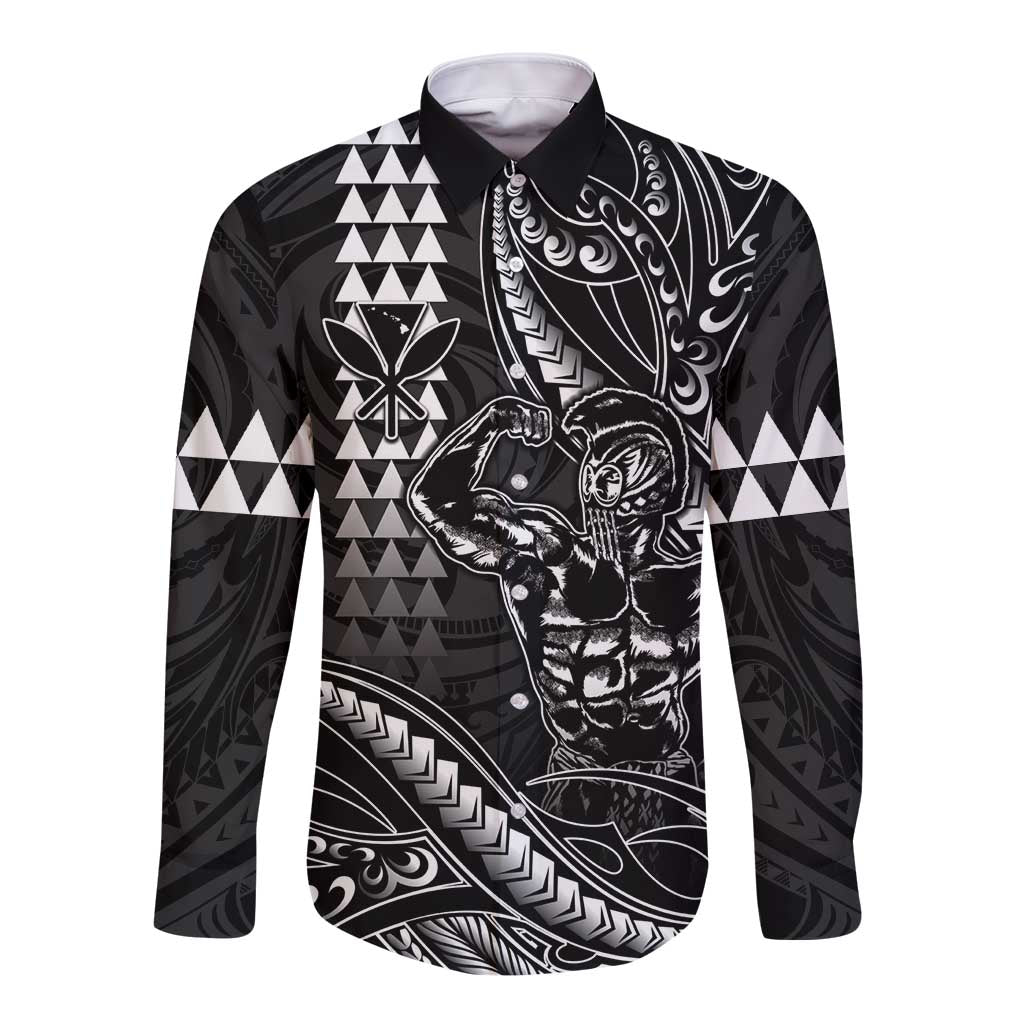 Hawaii Ikaika Warrior Helmet Long Sleeve Button Shirt Black Tribal Tattoo LT05 Unisex Black - Polynesian Pride