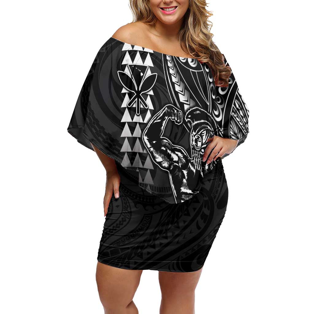Hawaii Ikaika Warrior Helmet Off Shoulder Short Dress Black Tribal Tattoo LT05 Women Black - Polynesian Pride