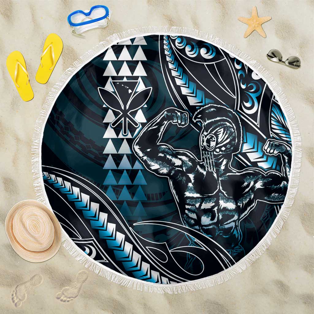 Hawaii Ikaika Warrior Helmet Beach Blanket Blue Tribal Tattoo LT05 One Size 150cm Blue - Polynesian Pride