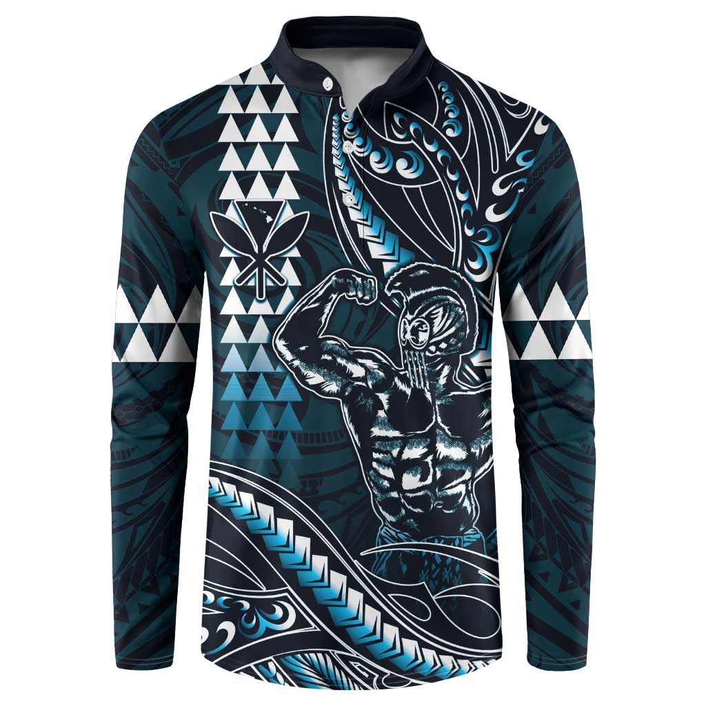 Hawaii Ikaika Warrior Helmet Button Sweatshirt Blue Tribal Tattoo LT05 Blue - Polynesian Pride