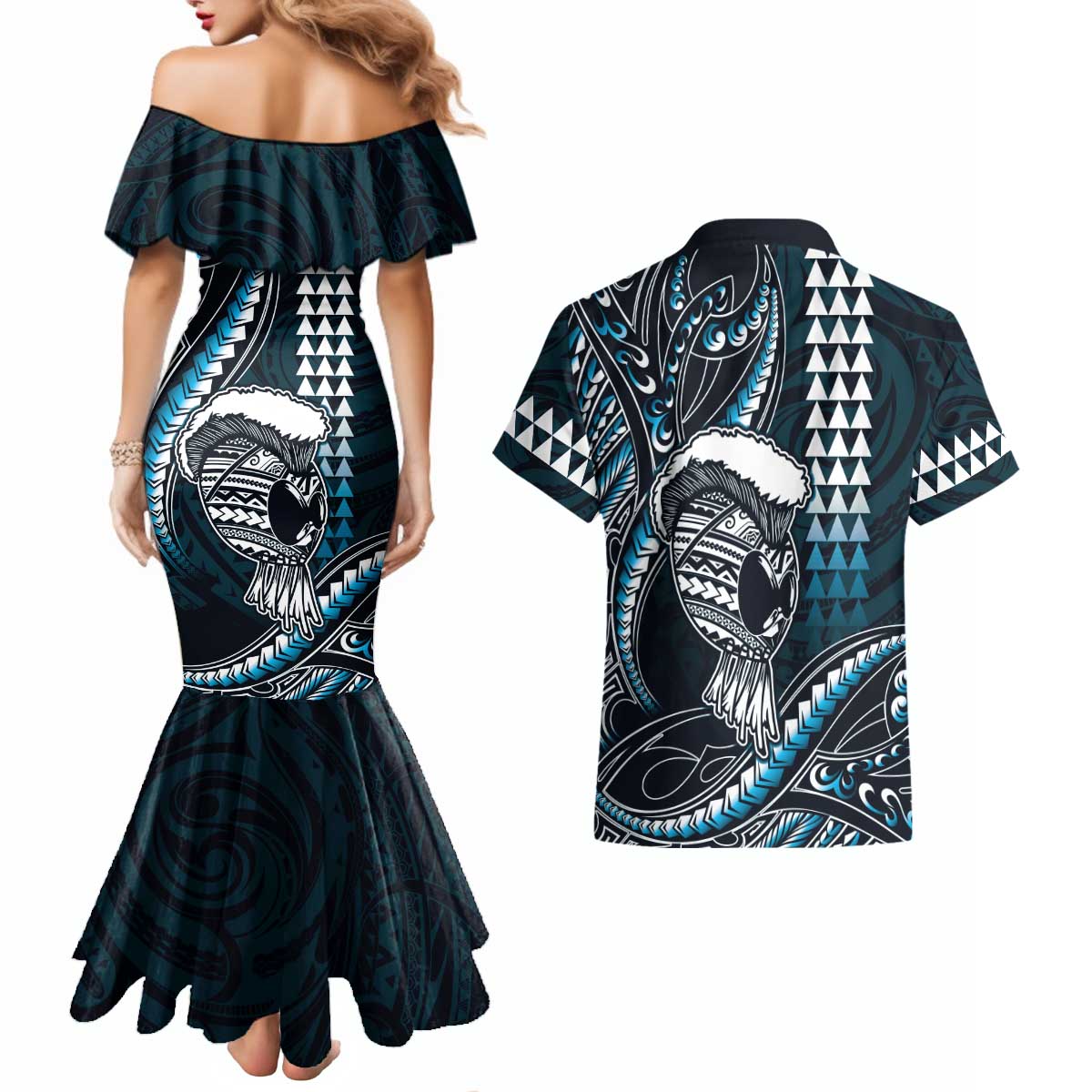 Hawaii Ikaika Warrior Helmet Couples Matching Mermaid Dress and Hawaiian Shirt Blue Tribal Tattoo