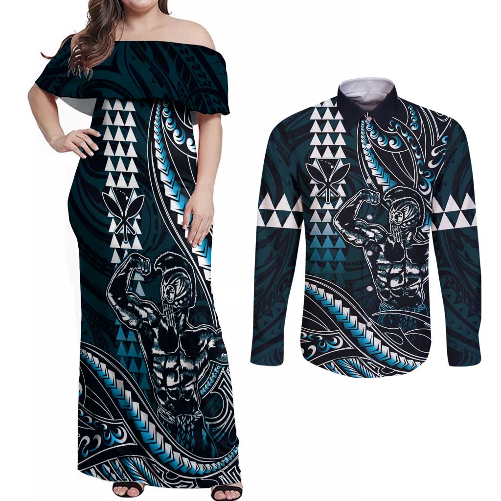 Hawaii Ikaika Warrior Helmet Couples Matching Off Shoulder Maxi Dress and Long Sleeve Button Shirt Blue Tribal Tattoo LT05 Blue - Polynesian Pride