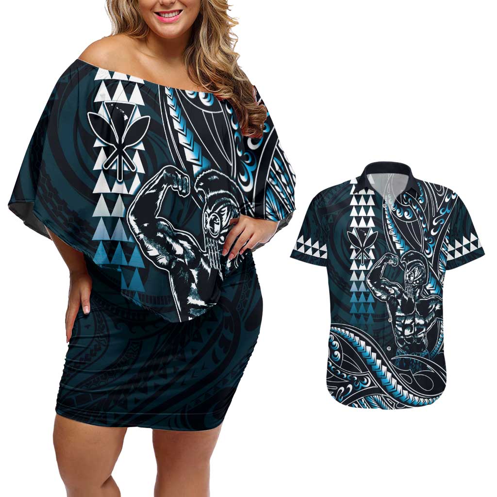 Hawaii Ikaika Warrior Helmet Couples Matching Off Shoulder Short Dress and Hawaiian Shirt Blue Tribal Tattoo LT05 Blue - Polynesian Pride