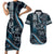 Hawaii Ikaika Warrior Helmet Couples Matching Short Sleeve Bodycon Dress and Hawaiian Shirt Blue Tribal Tattoo