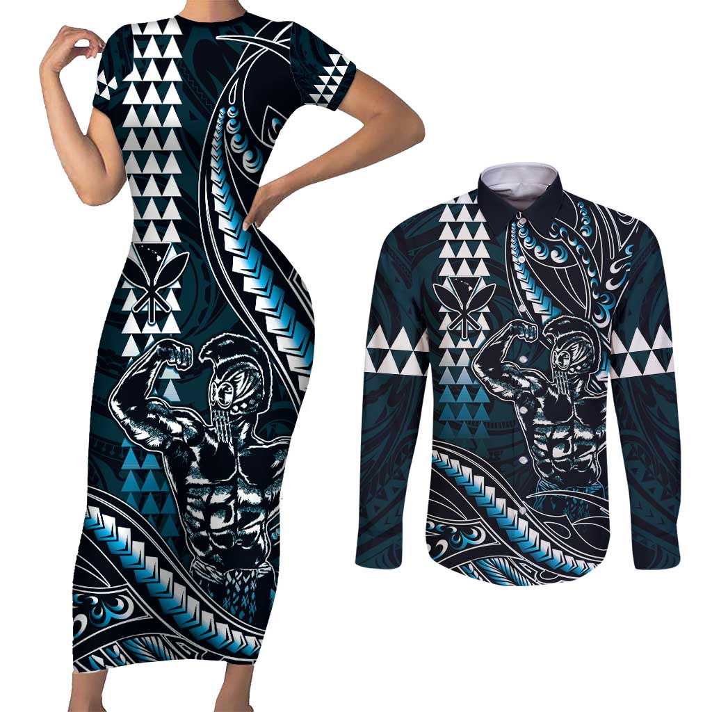 Hawaii Ikaika Warrior Helmet Couples Matching Short Sleeve Bodycon Dress and Long Sleeve Button Shirt Blue Tribal Tattoo LT05 Blue - Polynesian Pride