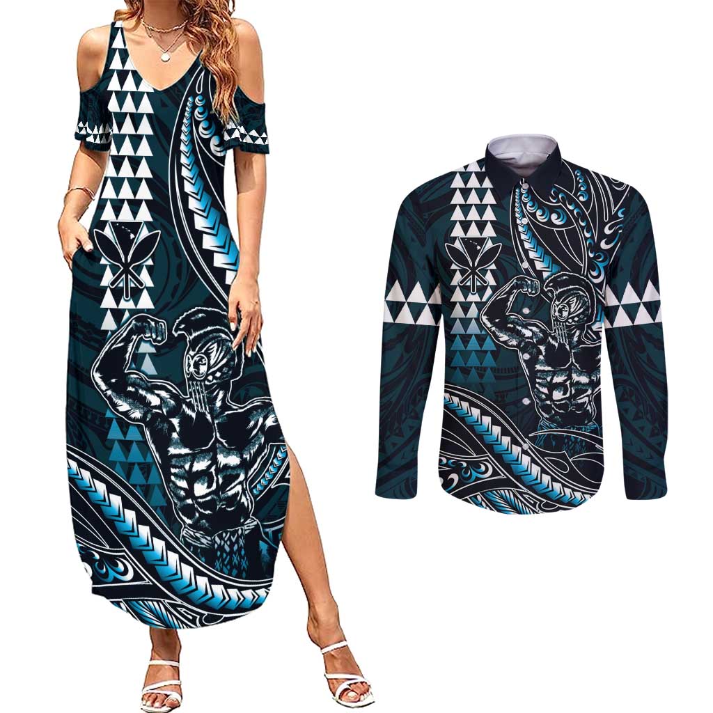 Hawaii Ikaika Warrior Helmet Couples Matching Summer Maxi Dress and Long Sleeve Button Shirt Blue Tribal Tattoo LT05 Blue - Polynesian Pride