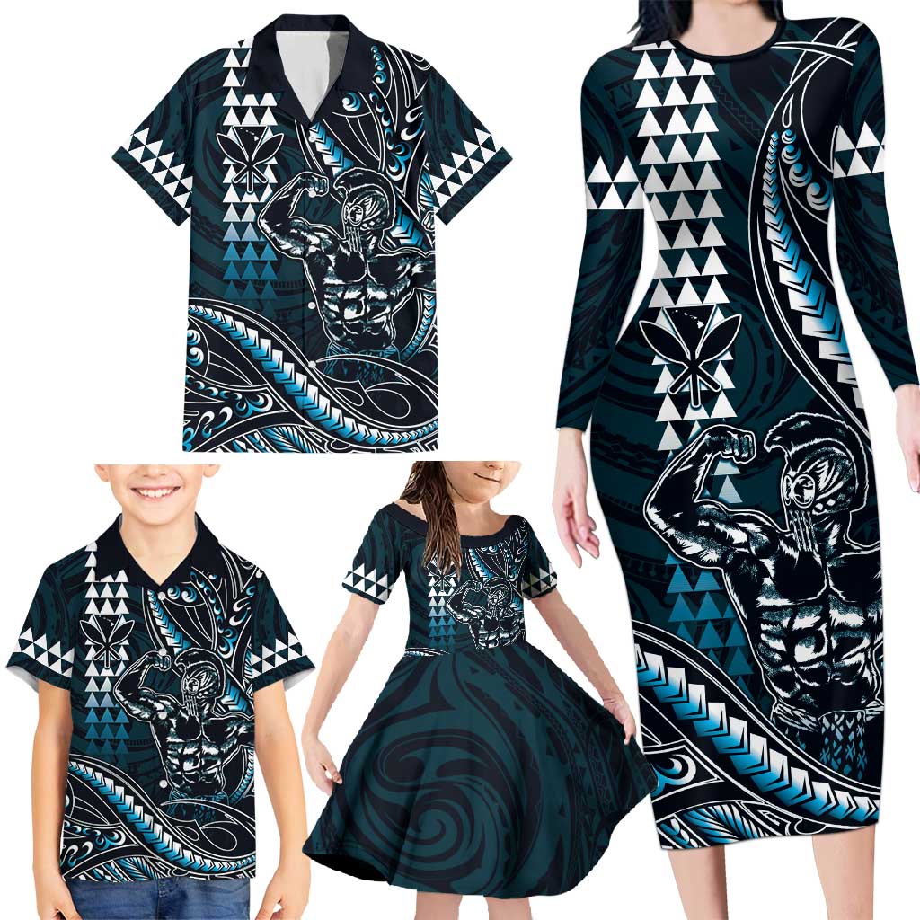 Hawaii Ikaika Warrior Helmet Family Matching Long Sleeve Bodycon Dress and Hawaiian Shirt Blue Tribal Tattoo LT05 - Polynesian Pride