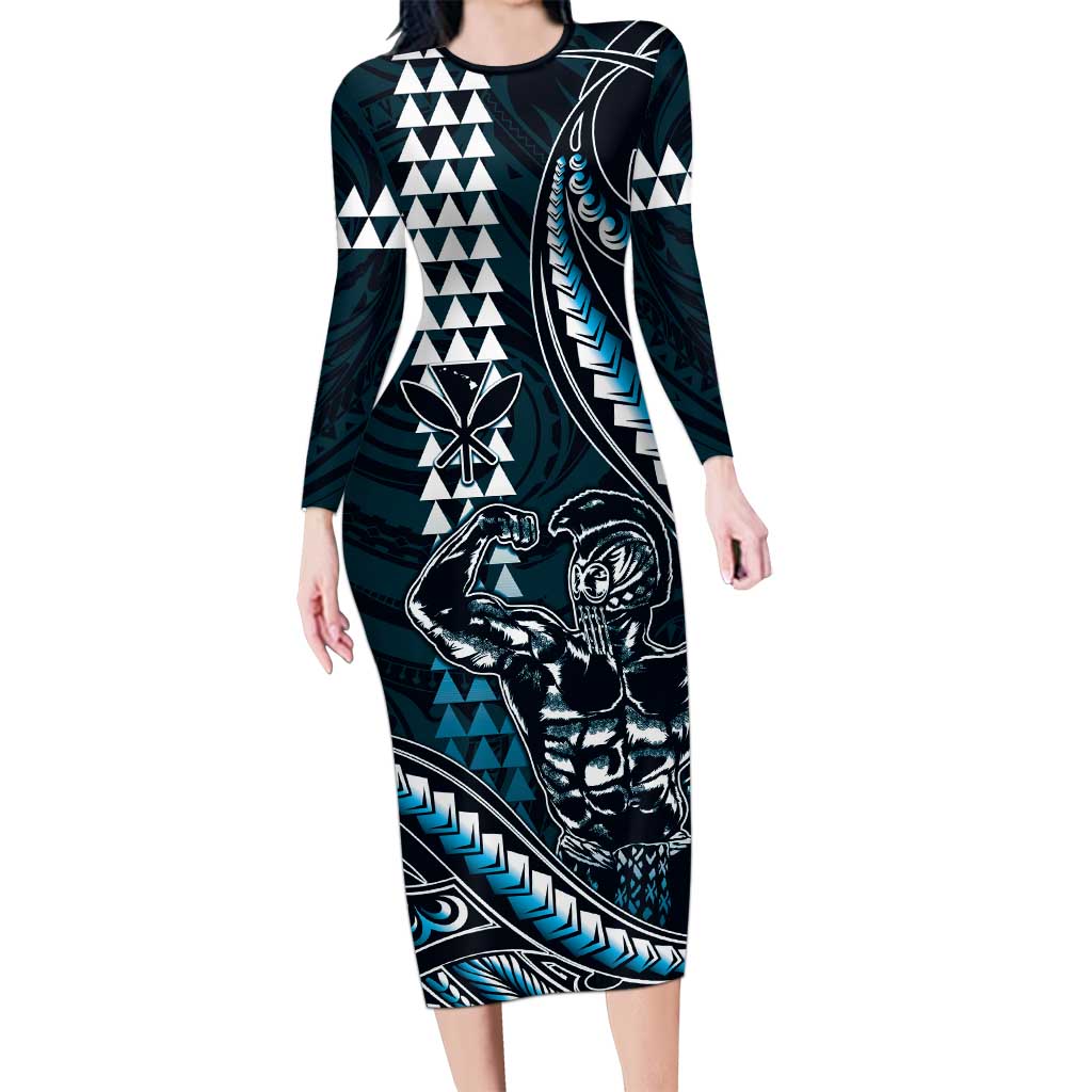 Hawaii Ikaika Warrior Helmet Family Matching Long Sleeve Bodycon Dress and Hawaiian Shirt Blue Tribal Tattoo LT05 Mom's Dress Blue - Polynesian Pride