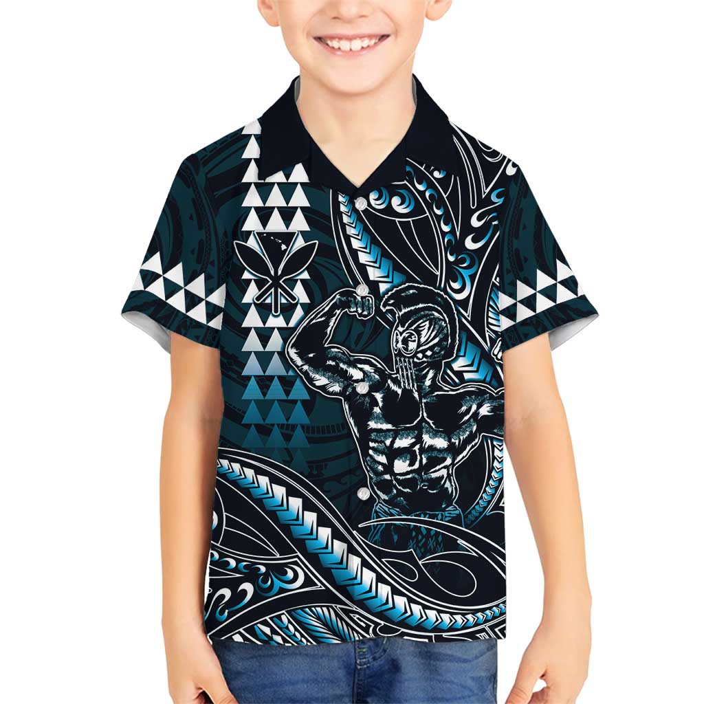 Hawaii Ikaika Warrior Helmet Family Matching Long Sleeve Bodycon Dress and Hawaiian Shirt Blue Tribal Tattoo LT05 Son's Shirt Blue - Polynesian Pride