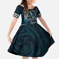 Hawaii Ikaika Warrior Helmet Family Matching Mermaid Dress and Hawaiian Shirt Blue Tribal Tattoo LT05 Daughter's Dress Blue - Polynesian Pride