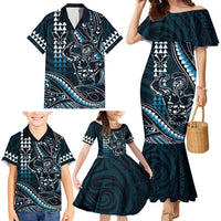 Hawaii Ikaika Warrior Helmet Family Matching Mermaid Dress and Hawaiian Shirt Blue Tribal Tattoo LT05 - Polynesian Pride