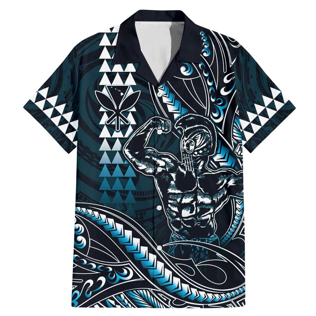 Hawaii Ikaika Warrior Helmet Family Matching Mermaid Dress and Hawaiian Shirt Blue Tribal Tattoo LT05 Dad's Shirt - Short Sleeve Blue - Polynesian Pride