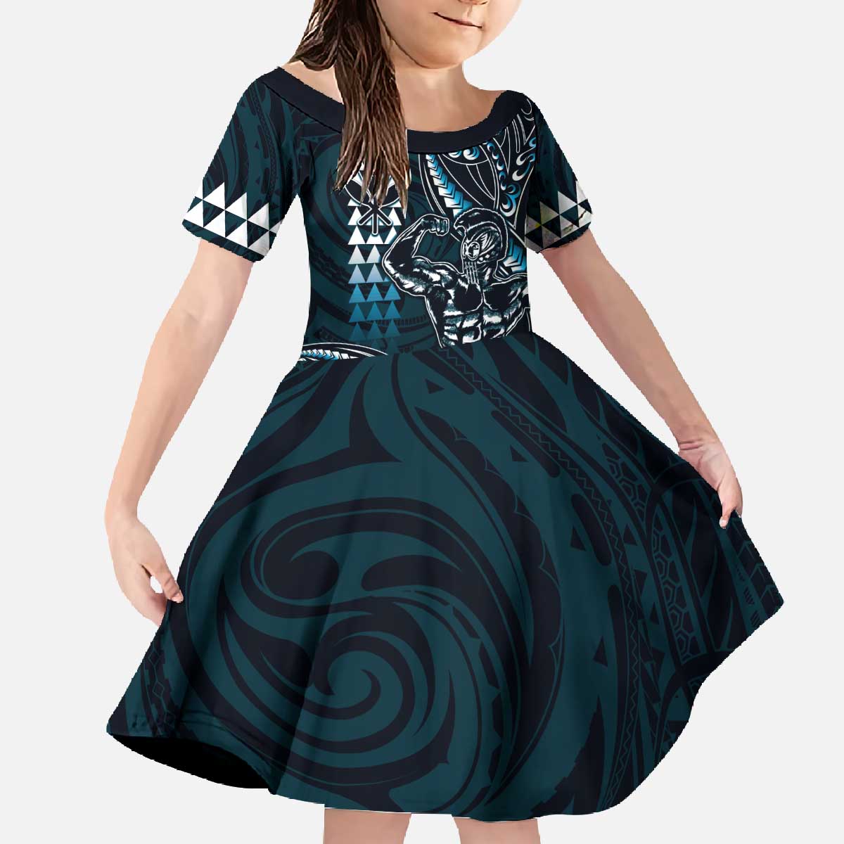 Hawaii Ikaika Warrior Helmet Family Matching Off The Shoulder Long Sleeve Dress and Hawaiian Shirt Blue Tribal Tattoo LT05 Daughter's Dress Blue - Polynesian Pride