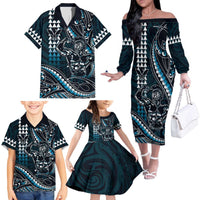 Hawaii Ikaika Warrior Helmet Family Matching Off The Shoulder Long Sleeve Dress and Hawaiian Shirt Blue Tribal Tattoo LT05 - Polynesian Pride