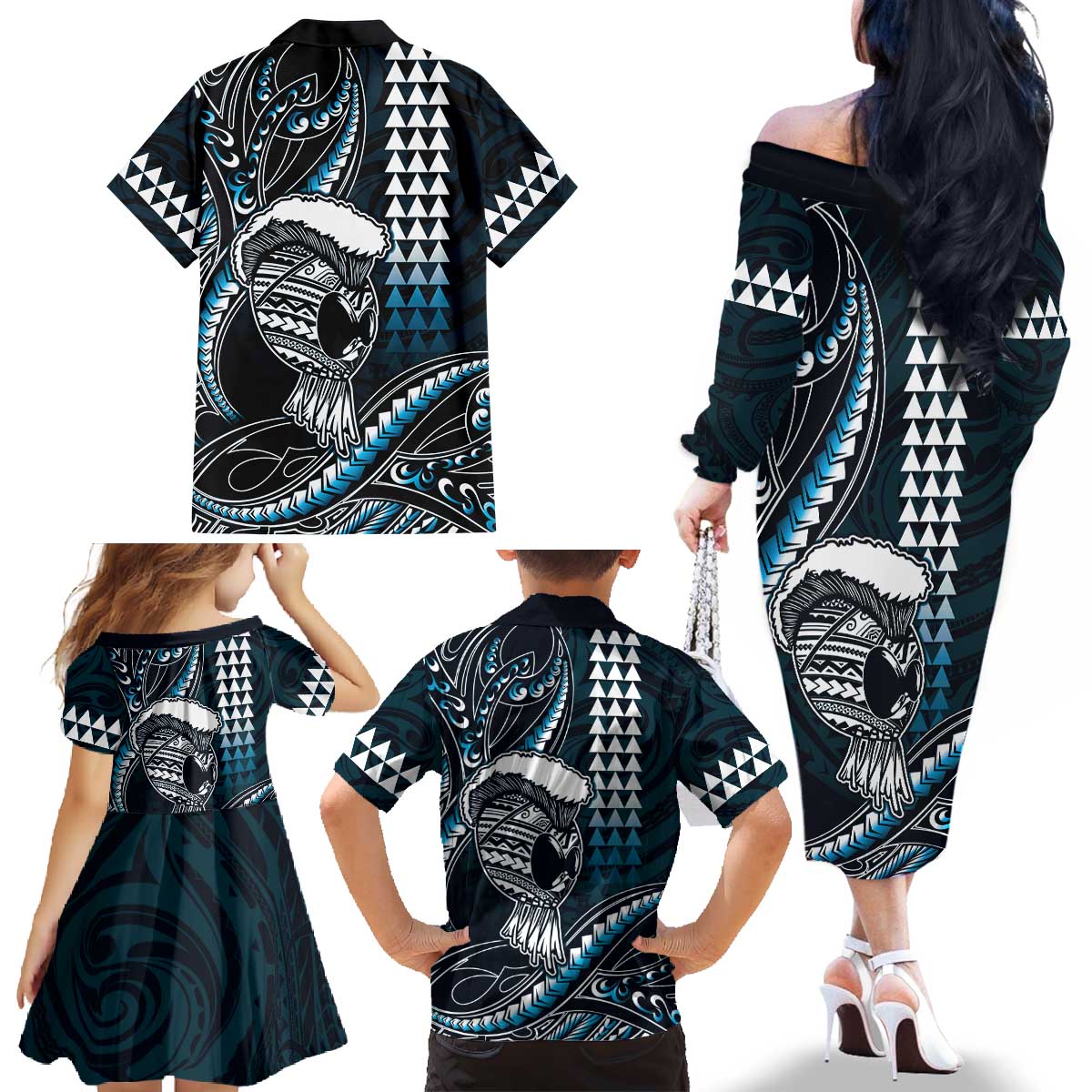 Hawaii Ikaika Warrior Helmet Family Matching Off The Shoulder Long Sleeve Dress and Hawaiian Shirt Blue Tribal Tattoo LT05 - Polynesian Pride