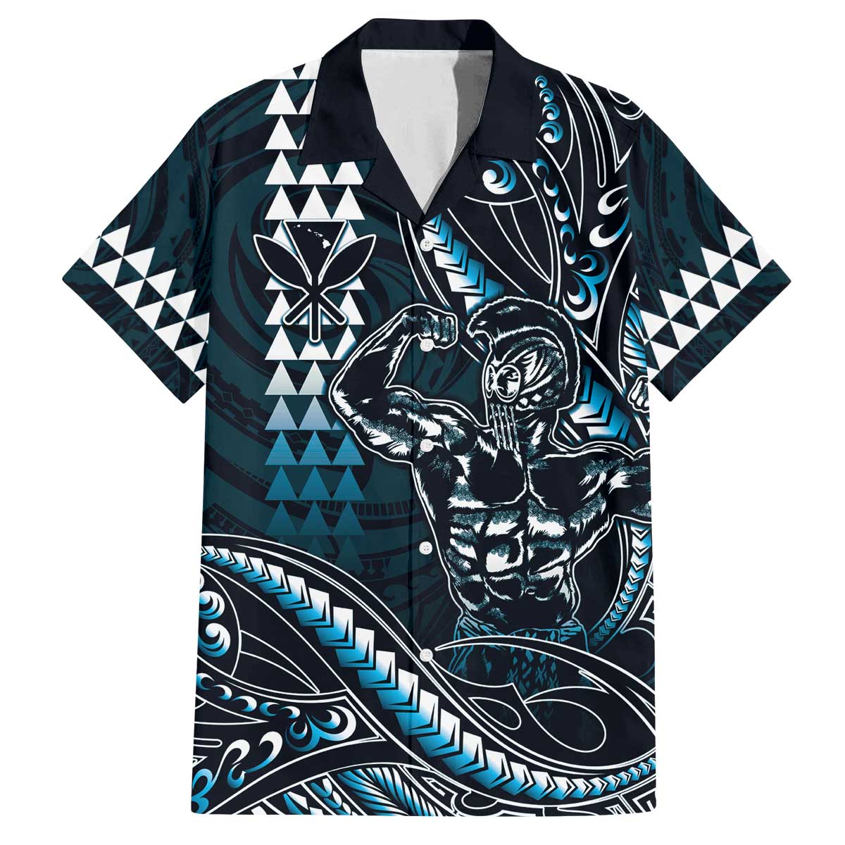 Hawaii Ikaika Warrior Helmet Family Matching Off The Shoulder Long Sleeve Dress and Hawaiian Shirt Blue Tribal Tattoo LT05 Dad's Shirt - Short Sleeve Blue - Polynesian Pride