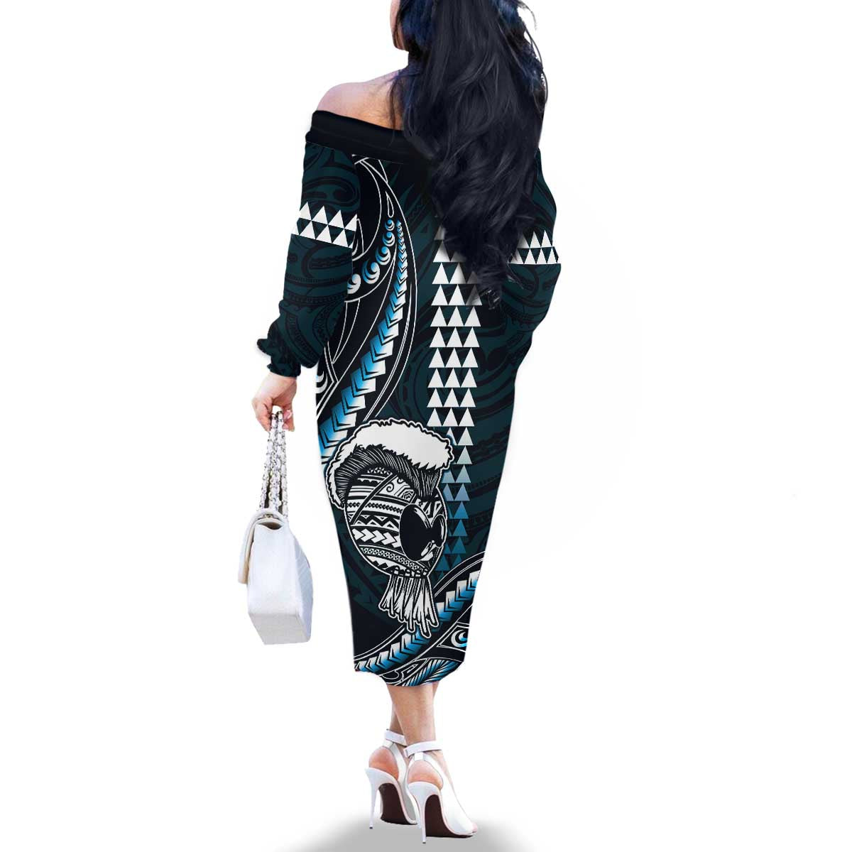 Hawaii Ikaika Warrior Helmet Family Matching Off The Shoulder Long Sleeve Dress and Hawaiian Shirt Blue Tribal Tattoo LT05 - Polynesian Pride