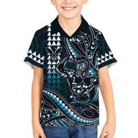 Hawaii Ikaika Warrior Helmet Family Matching Off The Shoulder Long Sleeve Dress and Hawaiian Shirt Blue Tribal Tattoo LT05 Son's Shirt Blue - Polynesian Pride