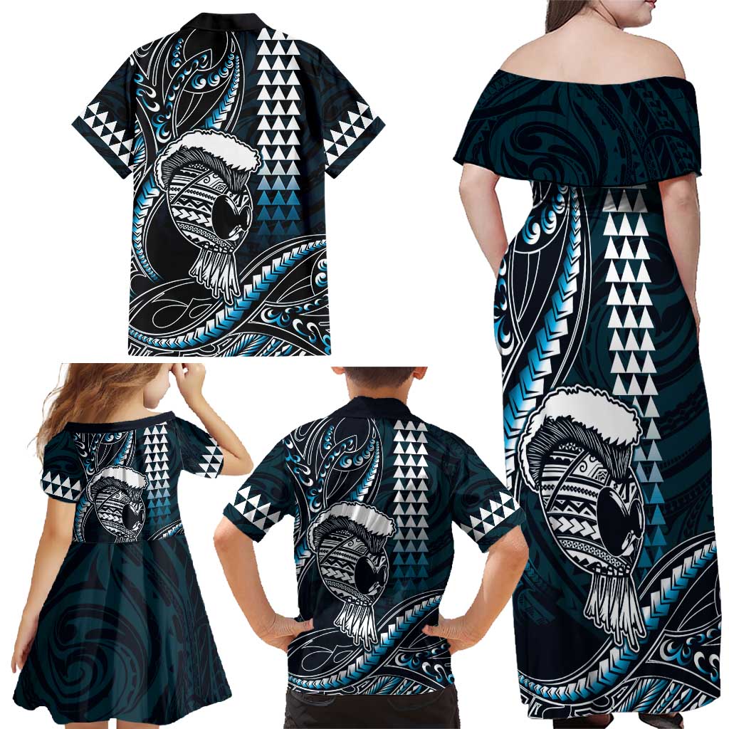 Hawaii Ikaika Warrior Helmet Family Matching Off Shoulder Maxi Dress and Hawaiian Shirt Blue Tribal Tattoo LT05 - Polynesian Pride
