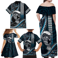 Hawaii Ikaika Warrior Helmet Family Matching Off Shoulder Maxi Dress and Hawaiian Shirt Blue Tribal Tattoo LT05 - Polynesian Pride
