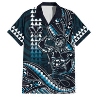 Hawaii Ikaika Warrior Helmet Family Matching Off Shoulder Maxi Dress and Hawaiian Shirt Blue Tribal Tattoo LT05 Dad's Shirt - Short Sleeve Blue - Polynesian Pride