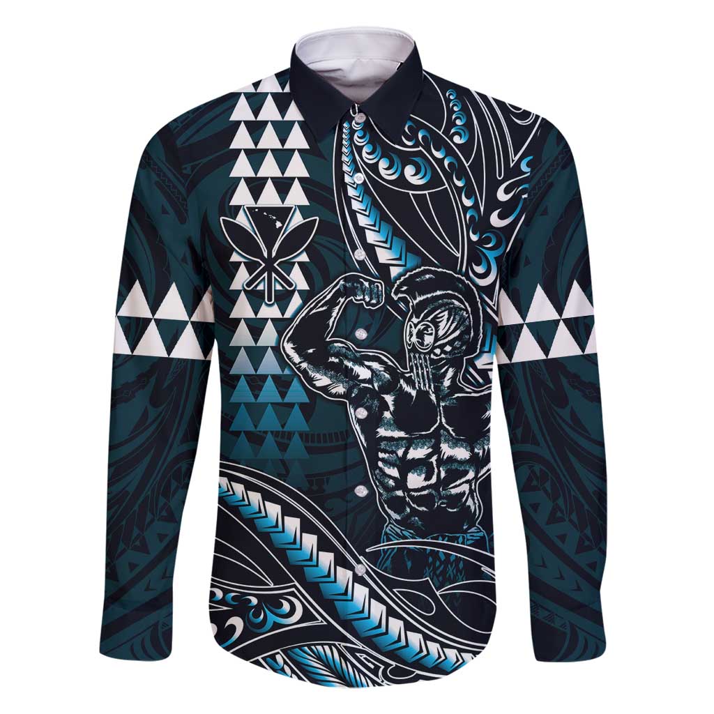 Hawaii Ikaika Warrior Helmet Family Matching Off Shoulder Maxi Dress and Hawaiian Shirt Blue Tribal Tattoo LT05 Dad's Shirt - Long Sleeve Blue - Polynesian Pride