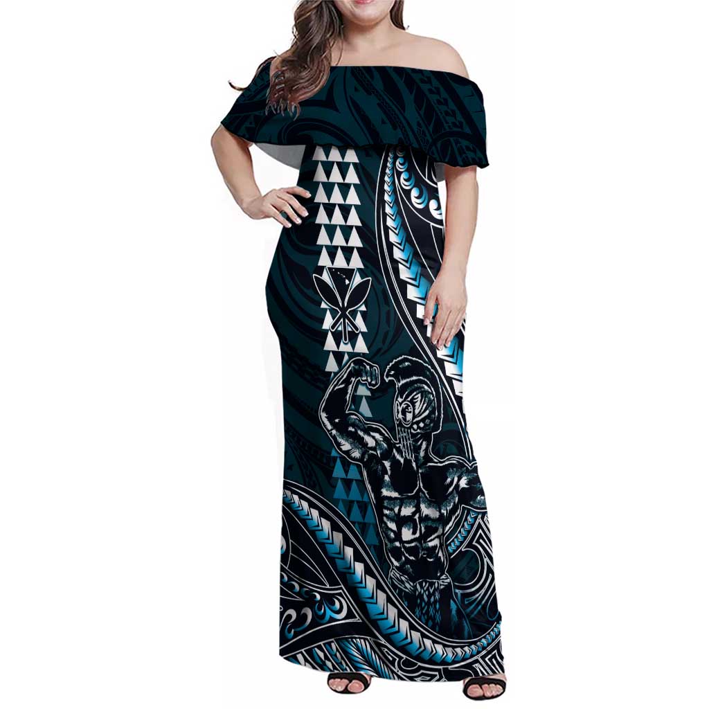 Hawaii Ikaika Warrior Helmet Family Matching Off Shoulder Maxi Dress and Hawaiian Shirt Blue Tribal Tattoo LT05 Mom's Dress Blue - Polynesian Pride