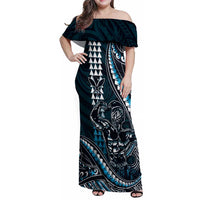 Hawaii Ikaika Warrior Helmet Family Matching Off Shoulder Maxi Dress and Hawaiian Shirt Blue Tribal Tattoo LT05 Mom's Dress Blue - Polynesian Pride