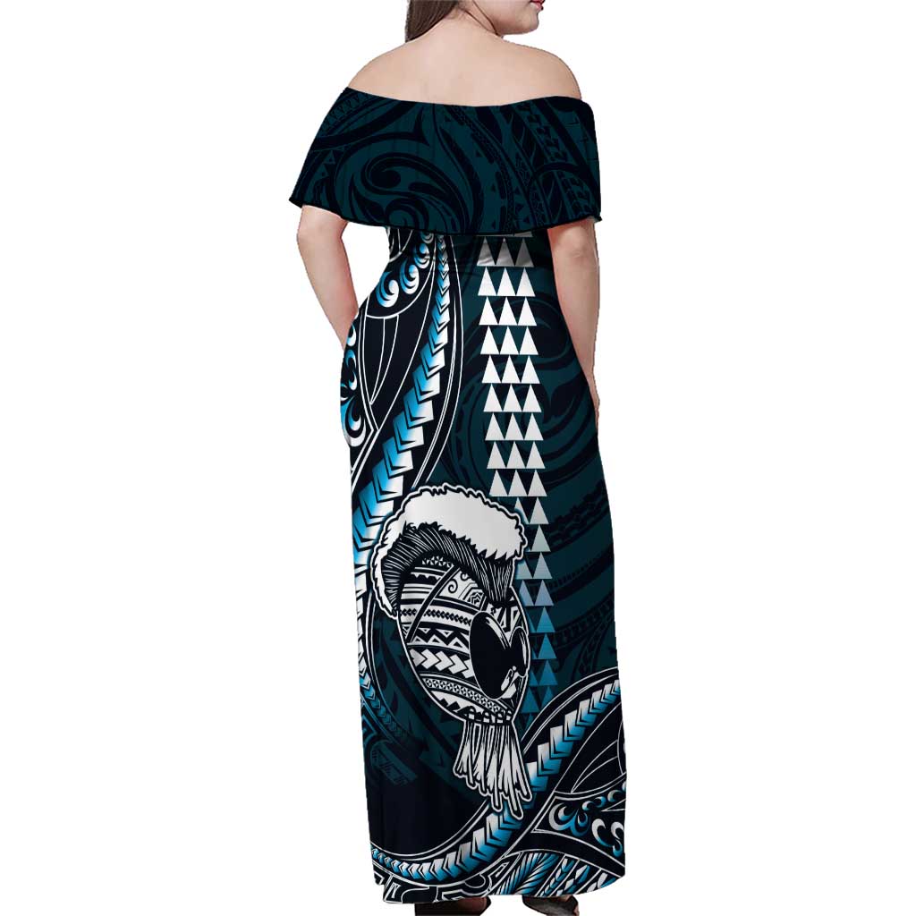 Hawaii Ikaika Warrior Helmet Family Matching Off Shoulder Maxi Dress and Hawaiian Shirt Blue Tribal Tattoo LT05 - Polynesian Pride