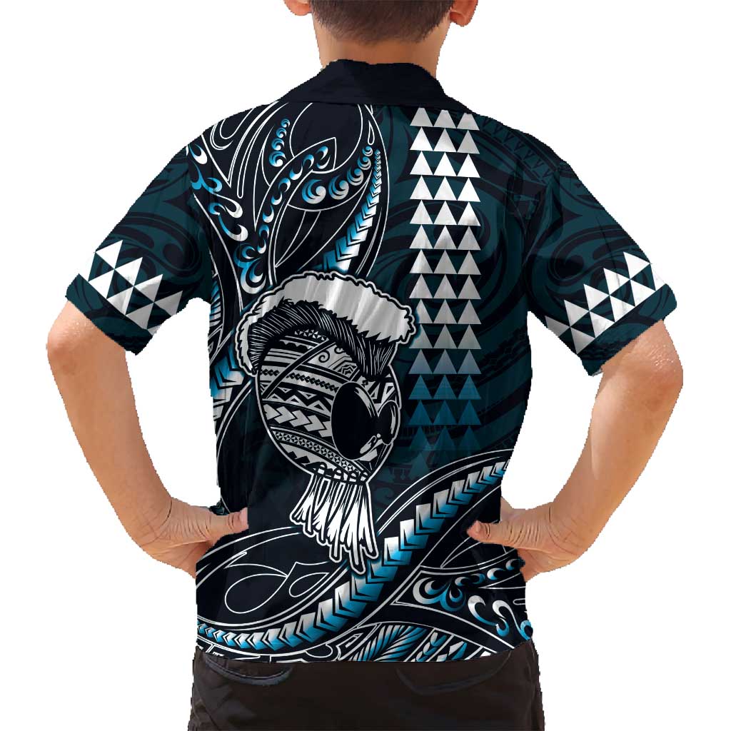 Hawaii Ikaika Warrior Helmet Family Matching Off Shoulder Short Dress and Hawaiian Shirt Blue Tribal Tattoo LT05 - Polynesian Pride