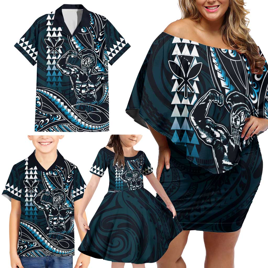 Hawaii Ikaika Warrior Helmet Family Matching Off Shoulder Short Dress and Hawaiian Shirt Blue Tribal Tattoo LT05 - Polynesian Pride