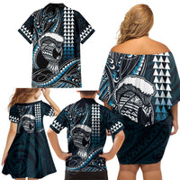 Hawaii Ikaika Warrior Helmet Family Matching Off Shoulder Short Dress and Hawaiian Shirt Blue Tribal Tattoo LT05 - Polynesian Pride