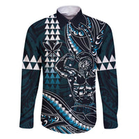 Hawaii Ikaika Warrior Helmet Family Matching Off Shoulder Short Dress and Hawaiian Shirt Blue Tribal Tattoo LT05 Dad's Shirt - Long Sleeve Blue - Polynesian Pride