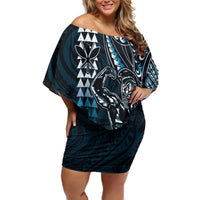 Hawaii Ikaika Warrior Helmet Family Matching Off Shoulder Short Dress and Hawaiian Shirt Blue Tribal Tattoo LT05 Mom's Dress Blue - Polynesian Pride