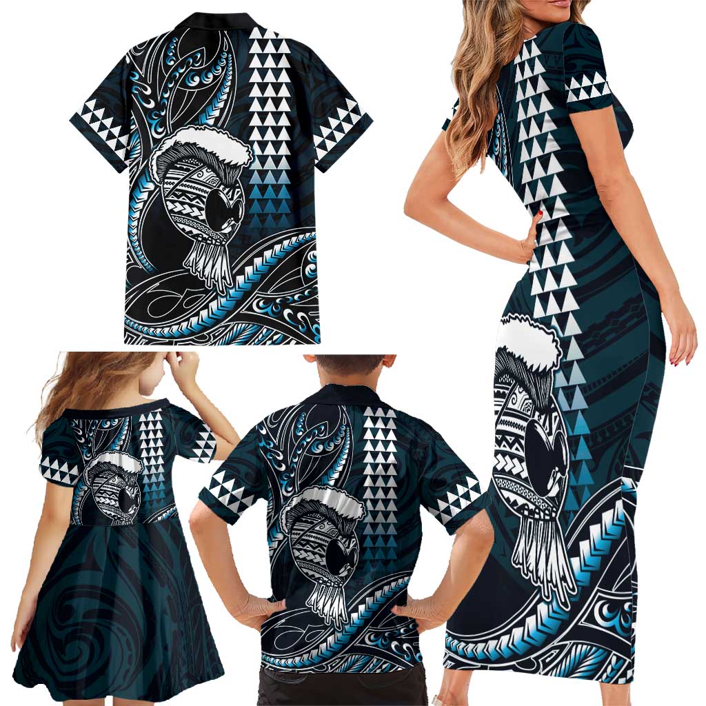 Hawaii Ikaika Warrior Helmet Family Matching Short Sleeve Bodycon Dress and Hawaiian Shirt Blue Tribal Tattoo LT05 - Polynesian Pride