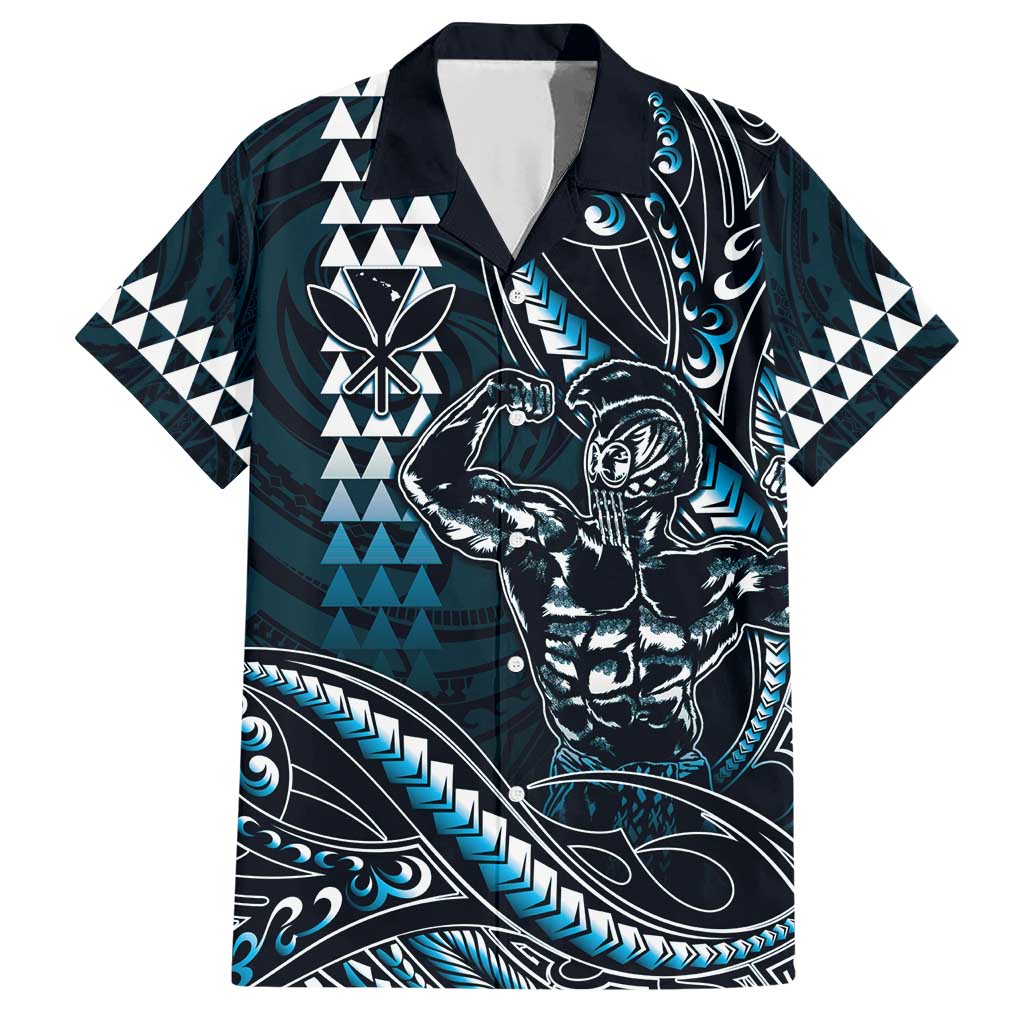 Hawaii Ikaika Warrior Helmet Family Matching Short Sleeve Bodycon Dress and Hawaiian Shirt Blue Tribal Tattoo LT05 Dad's Shirt - Short Sleeve Blue - Polynesian Pride
