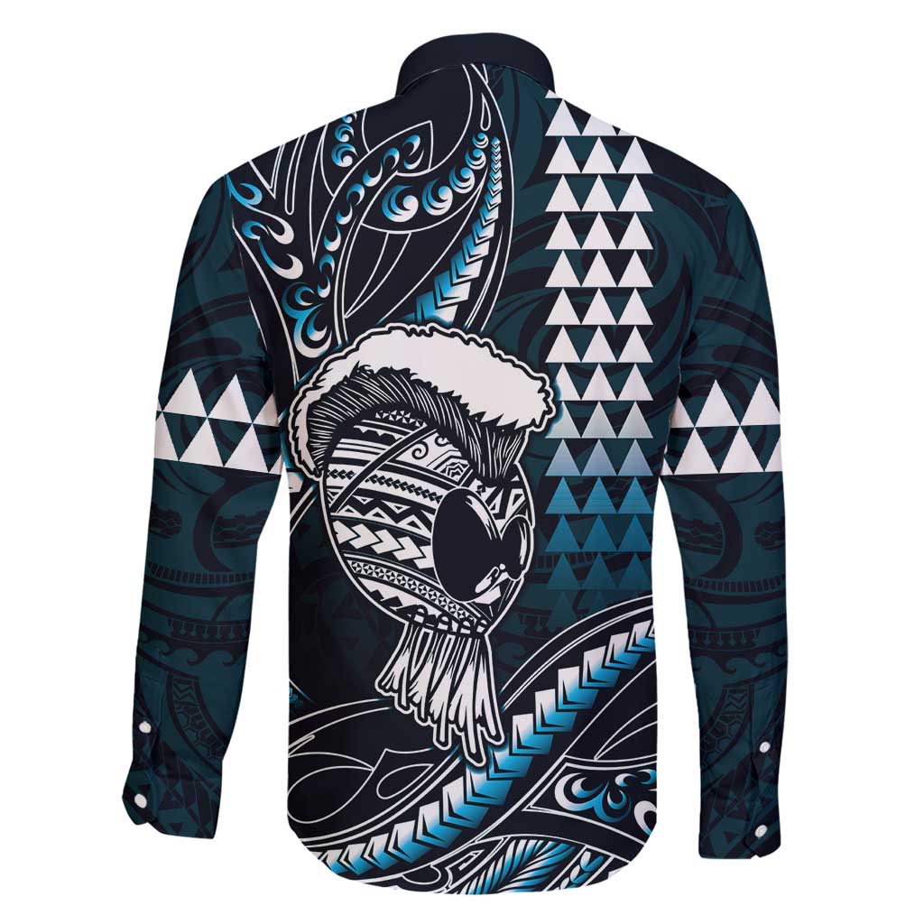 Hawaii Ikaika Warrior Helmet Family Matching Short Sleeve Bodycon Dress and Hawaiian Shirt Blue Tribal Tattoo LT05 - Polynesian Pride