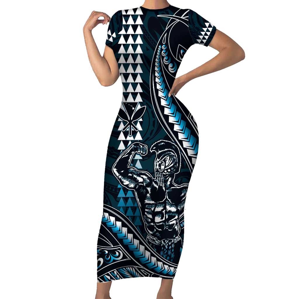 Hawaii Ikaika Warrior Helmet Family Matching Short Sleeve Bodycon Dress and Hawaiian Shirt Blue Tribal Tattoo LT05 Mom's Dress Blue - Polynesian Pride