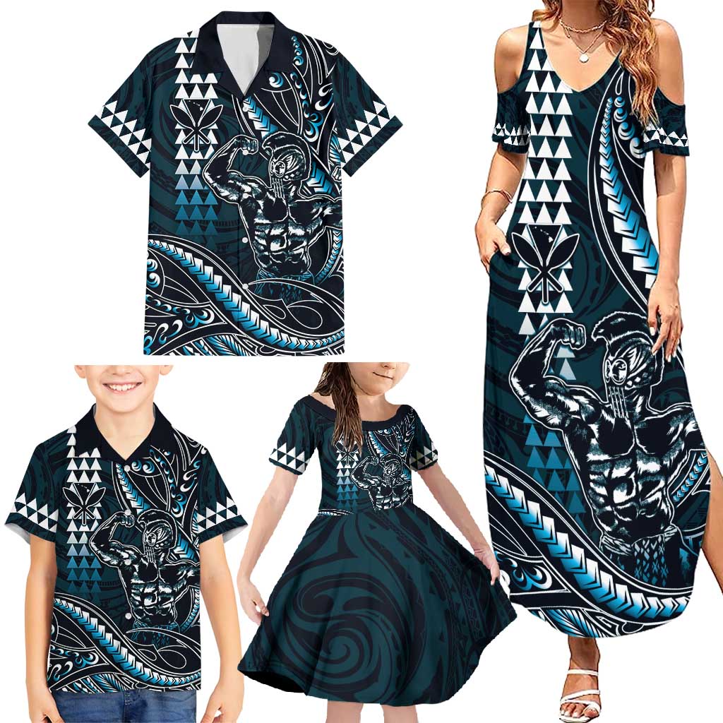 Hawaii Ikaika Warrior Helmet Family Matching Summer Maxi Dress and Hawaiian Shirt Blue Tribal Tattoo LT05 - Polynesian Pride