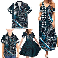 Hawaii Ikaika Warrior Helmet Family Matching Summer Maxi Dress and Hawaiian Shirt Blue Tribal Tattoo LT05 - Polynesian Pride