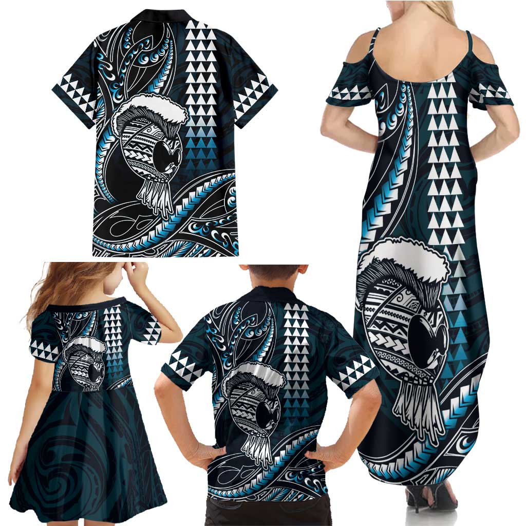Hawaii Ikaika Warrior Helmet Family Matching Summer Maxi Dress and Hawaiian Shirt Blue Tribal Tattoo LT05 - Polynesian Pride