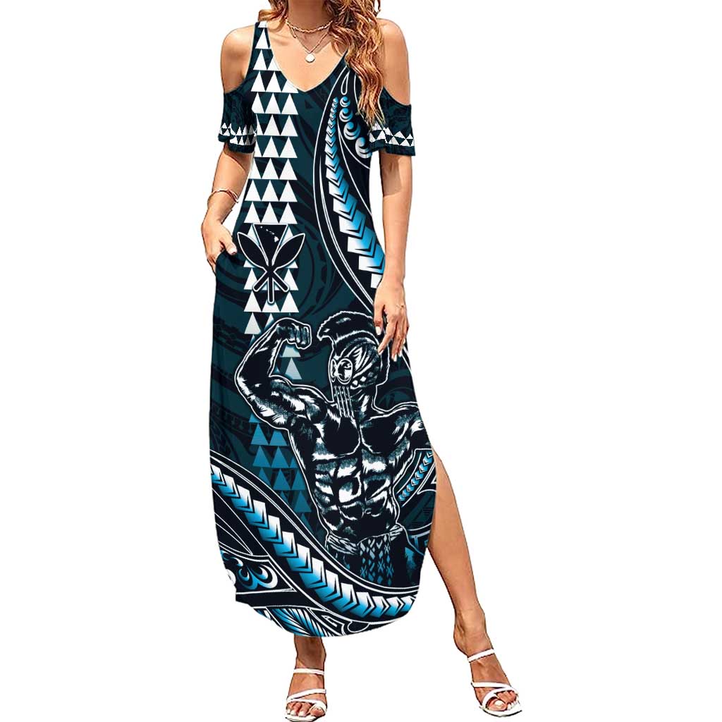 Hawaii Ikaika Warrior Helmet Family Matching Summer Maxi Dress and Hawaiian Shirt Blue Tribal Tattoo LT05 Mom's Dress Blue - Polynesian Pride