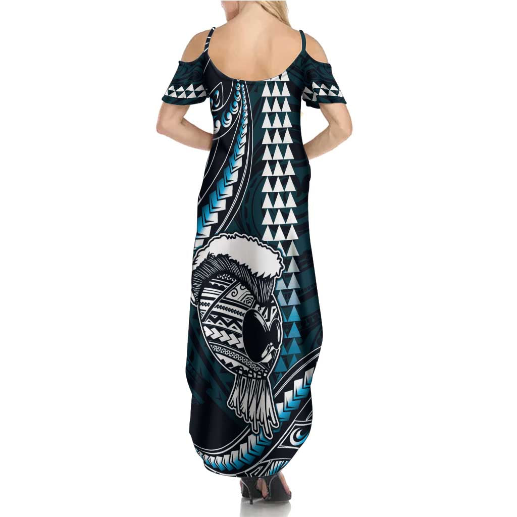Hawaii Ikaika Warrior Helmet Family Matching Summer Maxi Dress and Hawaiian Shirt Blue Tribal Tattoo LT05 - Polynesian Pride