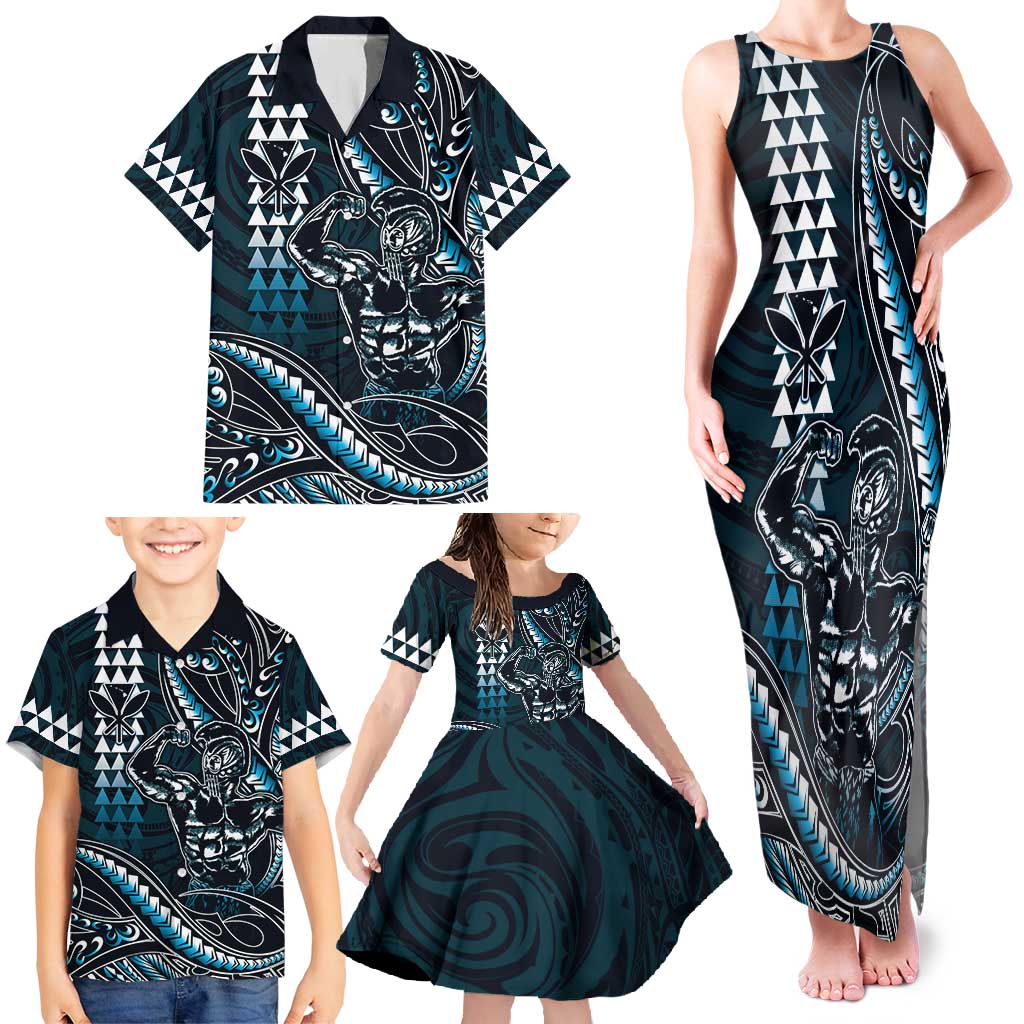 Hawaii Ikaika Warrior Helmet Family Matching Tank Maxi Dress and Hawaiian Shirt Blue Tribal Tattoo LT05 - Polynesian Pride