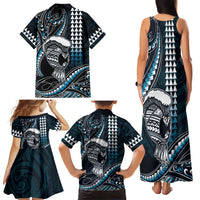 Hawaii Ikaika Warrior Helmet Family Matching Tank Maxi Dress and Hawaiian Shirt Blue Tribal Tattoo LT05 - Polynesian Pride