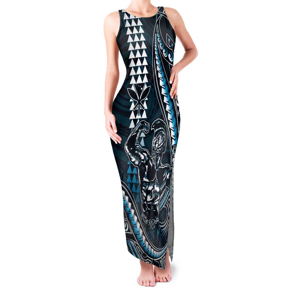 Hawaii Ikaika Warrior Helmet Family Matching Tank Maxi Dress and Hawaiian Shirt Blue Tribal Tattoo LT05 Mom's Dress Blue - Polynesian Pride