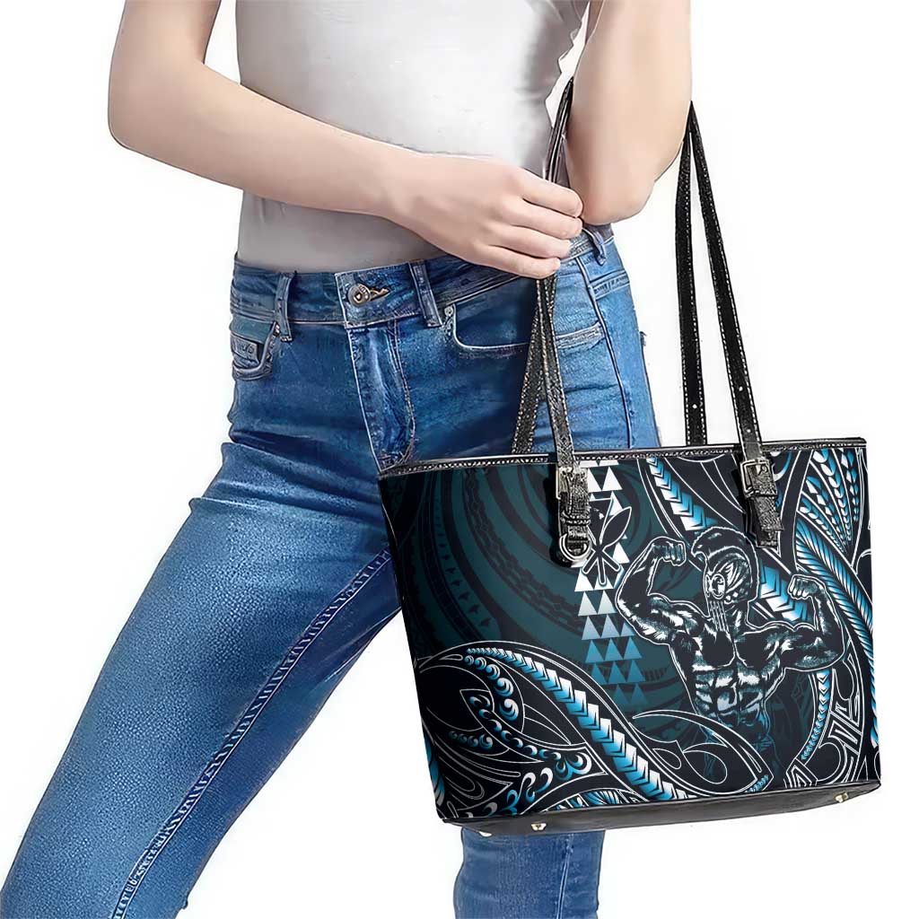 Hawaii Ikaika Warrior Helmet Leather Tote Bag Blue Tribal Tattoo