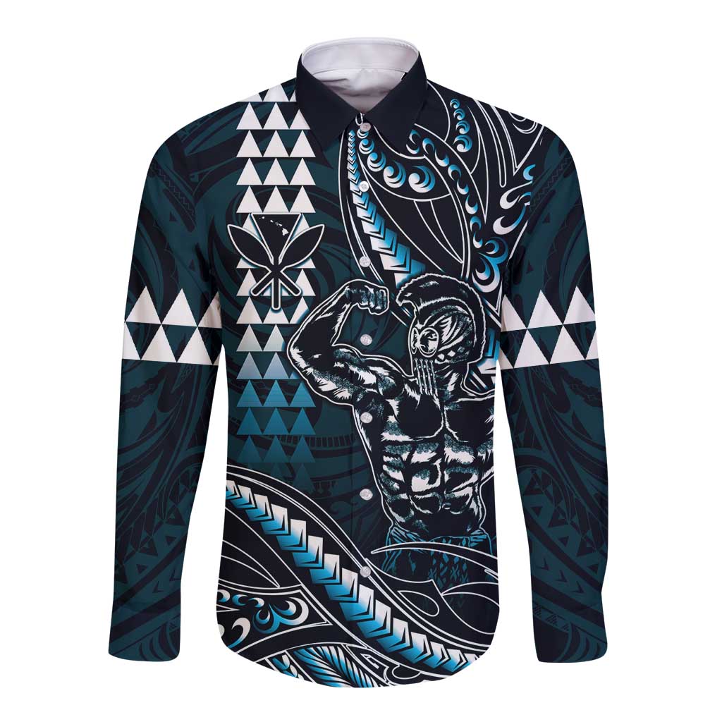 Hawaii Ikaika Warrior Helmet Long Sleeve Button Shirt Blue Tribal Tattoo LT05 Unisex Blue - Polynesian Pride