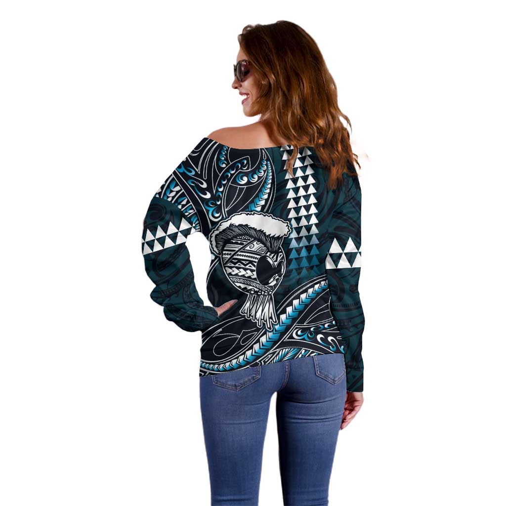 Hawaii Ikaika Warrior Helmet Off Shoulder Sweater Blue Tribal Tattoo