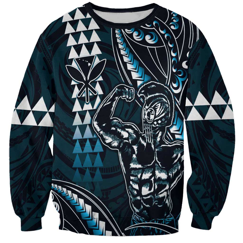 Hawaii Ikaika Warrior Helmet Sweatshirt Blue Tribal Tattoo LT05 Unisex Blue - Polynesian Pride